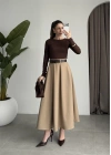 Önden Pile Detaylı Cappuccino Kemerli Etek