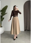 Önden Pile Detaylı Cappuccino Kemerli Etek