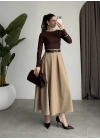 Önden Pile Detaylı Cappuccino Kemerli Etek