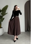 Önden Pile Detaylı Kahve Kemerli Etek