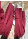 Önü Bağlamalı Bordo Keten Kimono