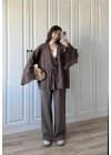 Önü Bağlamalı Ham Keten Kahve Kimono Takım