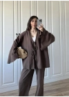 Önü Bağlamalı Ham Keten Kahve Kimono Takım