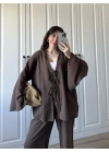 Önü Bağlamalı Ham Keten Kahve Kimono Takım