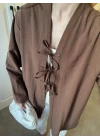 Önü Bağlamalı Kahve Keten Kimono