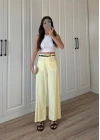 Örgü Kemerli Önü Cepli Keten Premium Sarı Pantolon