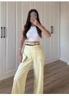 Örgü Kemerli Önü Cepli Keten Premium Sarı Pantolon