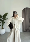 Oversize Düğme Detaylı Keten Beyaz Ceket