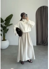 Oversize Düğme Detaylı Keten Beyaz Ceket
