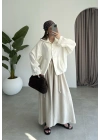 Oversize Düğme Detaylı Keten Beyaz Ceket