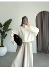 Oversize Düğme Detaylı Keten Beyaz Ceket