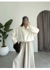 Oversize Düğme Detaylı Keten Beyaz Ceket