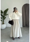 Oversize Düğme Detaylı Keten Beyaz Ceket