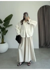Oversize Düğme Detaylı Keten Beyaz Ceket