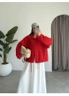 Oversize Düğme Detaylı Keten Kırmızı Ceket