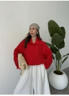 Oversize Düğme Detaylı Keten Kırmızı Ceket