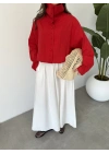 Oversize Düğme Detaylı Keten Kırmızı Ceket