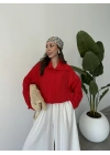 Oversize Düğme Detaylı Keten Kırmızı Ceket