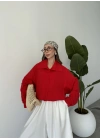 Oversize Düğme Detaylı Keten Kırmızı Ceket