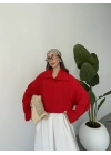 Oversize Düğme Detaylı Keten Kırmızı Ceket