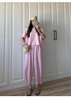 Oys Kumaş Bilek Detaylı Crop Pembe Takım