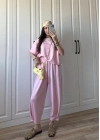 Oys Kumaş Bilek Detaylı Crop Pembe Takım