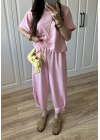 Oys Kumaş Bilek Detaylı Crop Pembe Takım