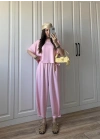 Oys Kumaş Bilek Detaylı Crop Pembe Takım