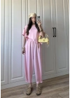 Oys Kumaş Bilek Detaylı Crop Pembe Takım