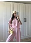 Oys Kumaş Bilek Detaylı Crop Pembe Takım
