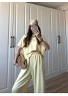 Oys Kumaş Bilek Detaylı Crop Sarı Takım