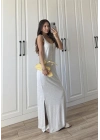 Oysh Kumaş Basic Yırtmaçlı Gri Uzun Elbise