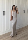 Oysh Kumaş Basic Yırtmaçlı Vizon Uzun Elbise