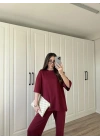 Oysh Moda Kumaş Bordo Basic Kısakollu Takım