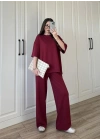 Oysh Moda Kumaş Bordo Basic Kısakollu Takım
