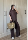 Oysh Moda Kumaş Kahve Basic Kısakollu Takım