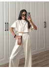 Oysh Modal Kumaş Beli Lastikli Beyaz Crop Takım