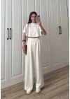 Oysh Modal Kumaş Beli Lastikli Beyaz Crop Takım