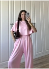 Oysh Modal Kumaş Beli Lastikli Pembe Crop Takım