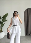 Parçalı Kemerli Keten Ekru Bluz