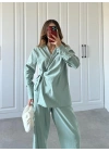 Parlak Kumaş Yandan Bağlamalı Mint Yeşili Takım