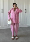 Pembe Gofre Bağlamalı Kimono Takım