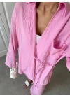 Pembe Gofre Bağlamalı Kimono Takım