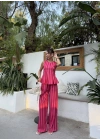Pembe Kırmızı Çizgili Bluz Takım