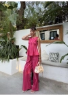 Pembe Kırmızı Çizgili Bluz Takım