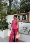 Pembe Kırmızı Çizgili Bluz Takım