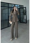 Pilili Belden Oturmalı Haki Blazer Takım