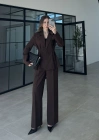 Pilili Belden Oturmalı Kahve Blazer Takım