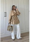 Poem Kuşaklı Astarlı Oversize Bej Trençkot