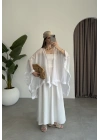 Püsküllü Kuşaklı Beyaz Kimono